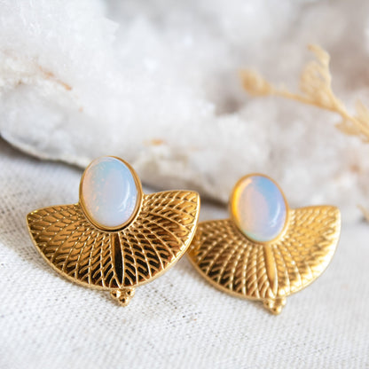 Gold fan earrings with opal stone