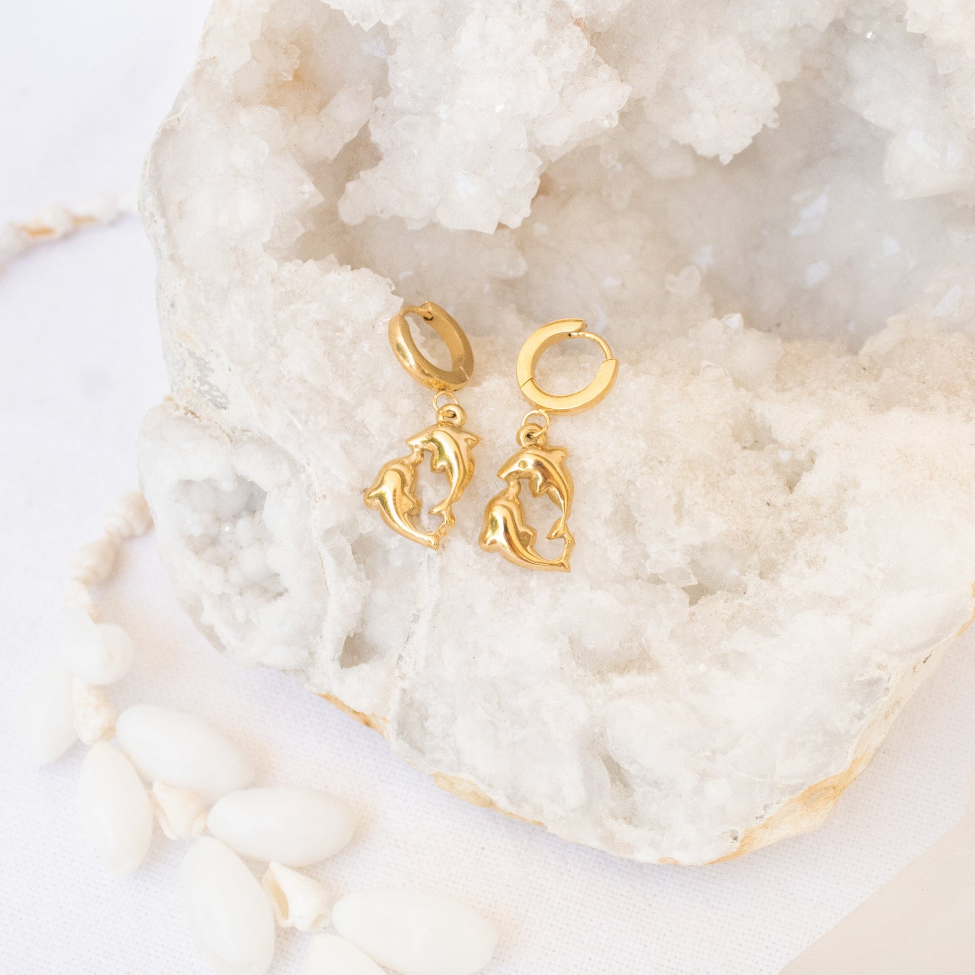 Gold dolphin dangle hoop earrings