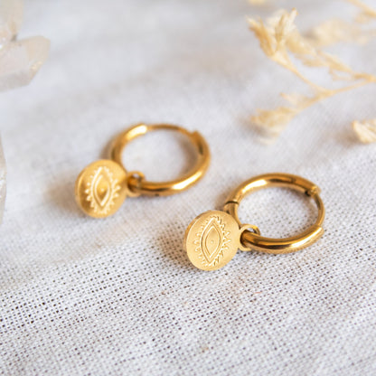 Gold All Seeing Eye hoop earrings