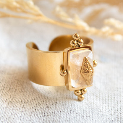 Gold Emperor Ring with clear stone and embossed detail