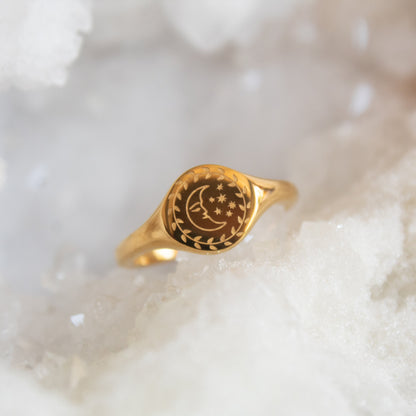 Gold moon and stars signet ring