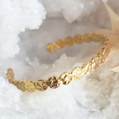 Gold hammered coin cuff bracelet