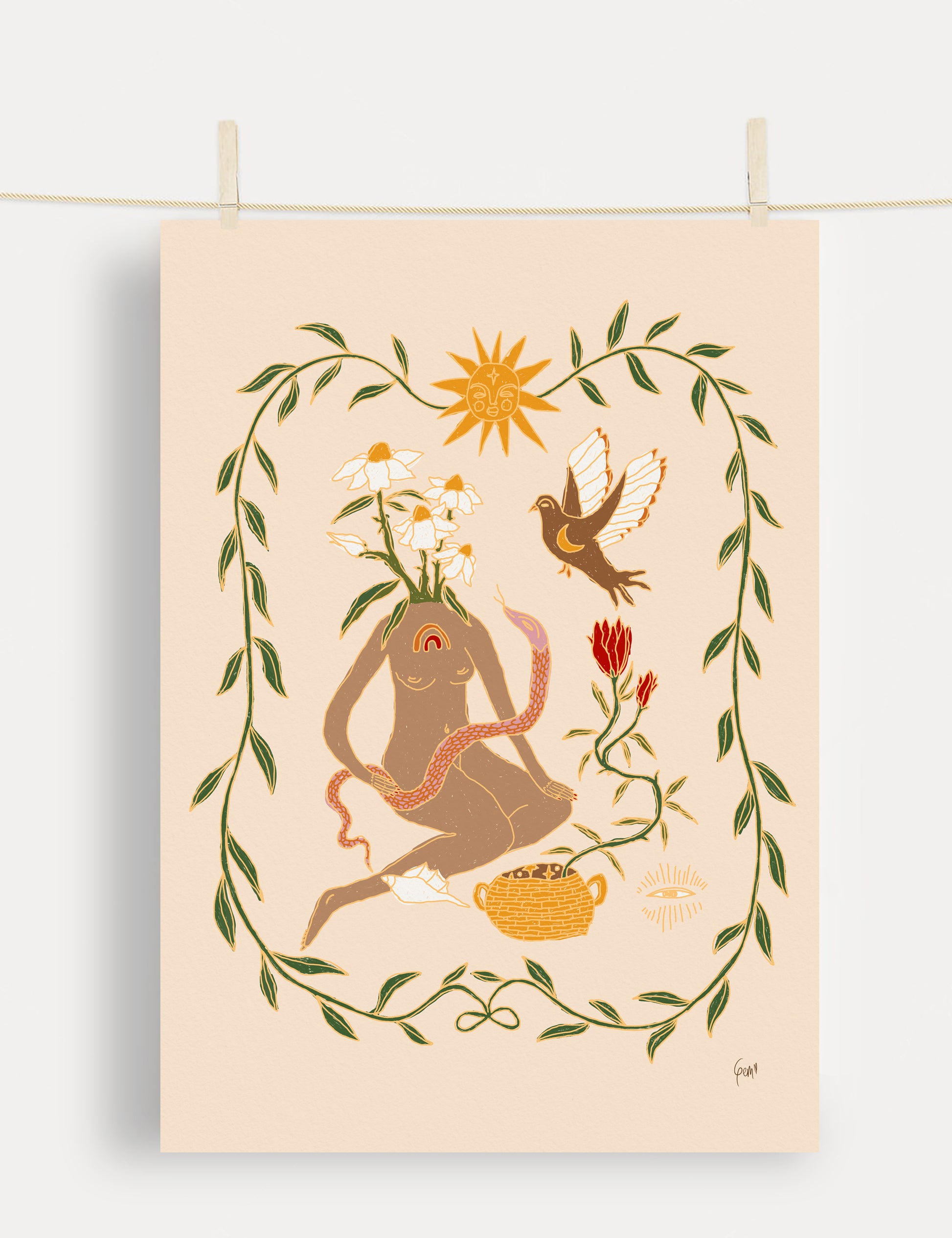 Manifest art print: woman with flowers, snake, sun, dove