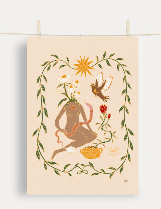 Manifest art print: woman with flowers, snake, sun, dove