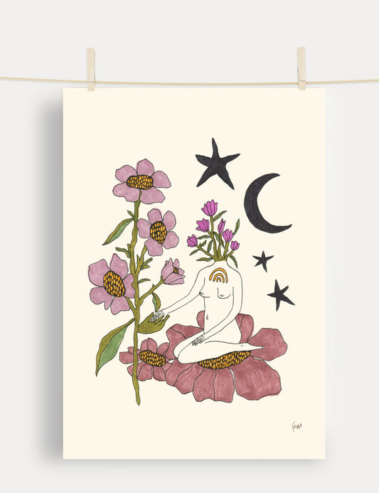 Natures Hand art print: woman, flowers, moon, stars