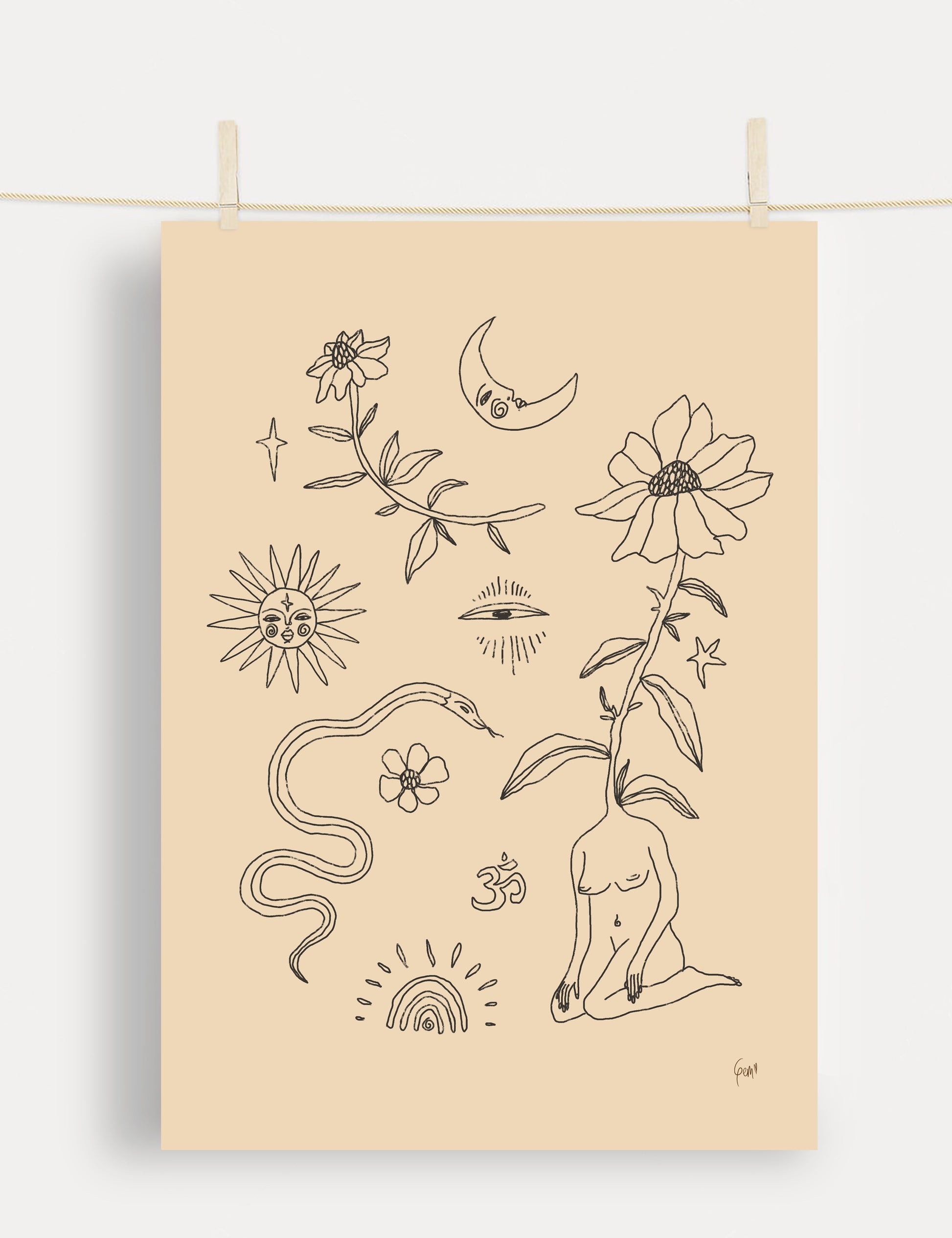 Spirit art print: sun, moon, snake, flower, female figure