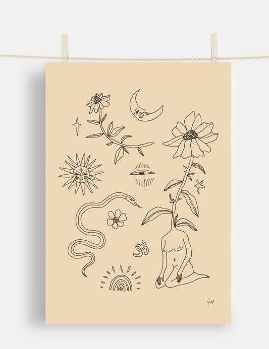Spirit art print: sun, moon, snake, flower, female figure
