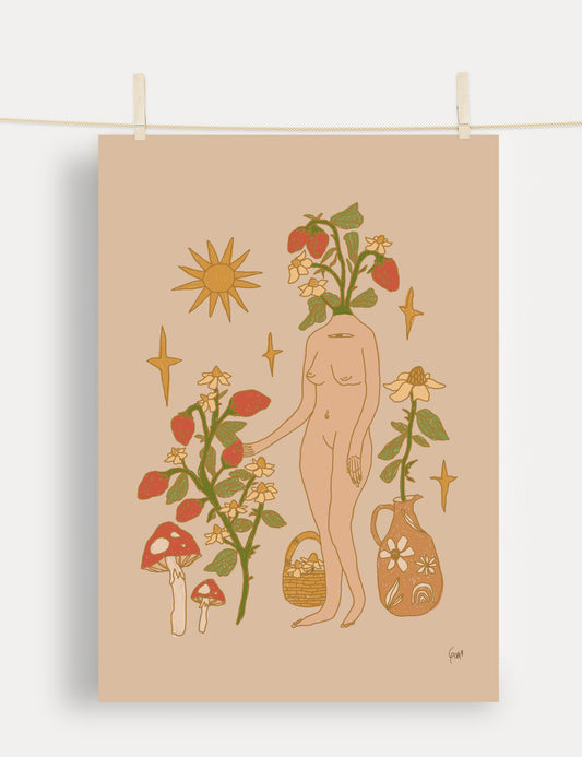 Sweetheart art print: nude figure with strawberries & mushrooms