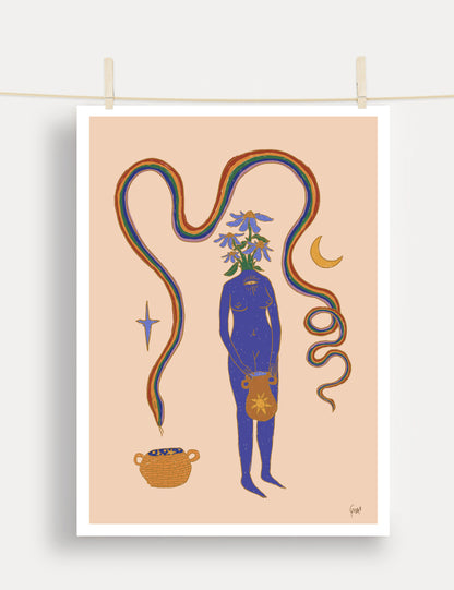 Blue surreal figure with rainbow and crescent moon