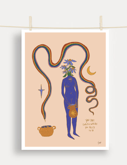 Blue figure with rainbow, moon, and stars art print