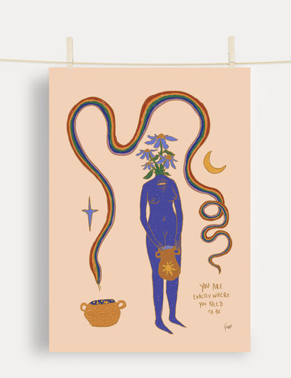Mystical art print: blue figure, rainbow snake, sun & moon